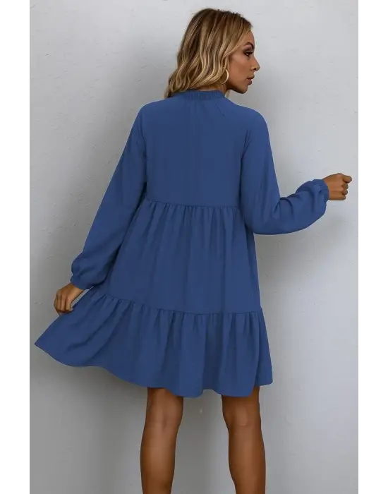 Kadın Uzun Kollu Yakadan Bağcıklı Fırfırlı Keten Mini Elbise