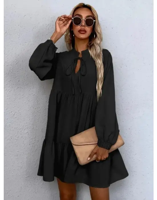 Kadın Uzun Kollu Yakadan Bağcıklı Fırfırlı Keten Mini Elbise
