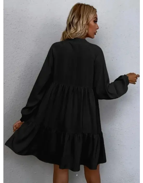 Kadın Uzun Kollu Yakadan Bağcıklı Fırfırlı Keten Mini Elbise