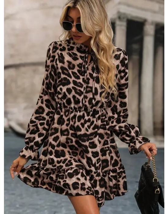 Kadın Uzun Kollu Yakadan Bağcıklı Modal Leopar Desenli Mini Elbise
