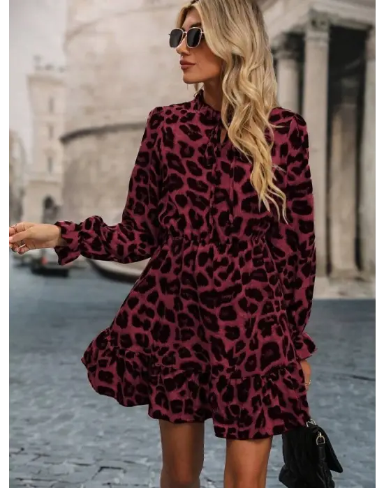 Kadın Uzun Kollu Yakadan Bağcıklı Modal Leopar Desenli Mini Elbise