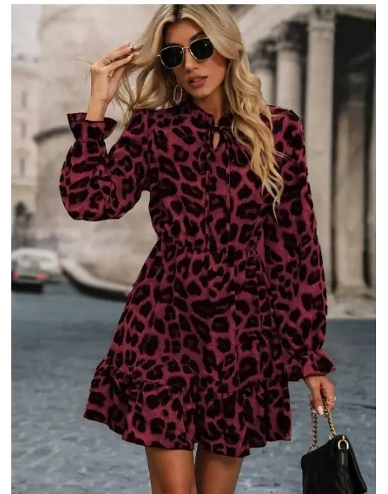Kadın Uzun Kollu Yakadan Bağcıklı Modal Leopar Desenli Mini Elbise
