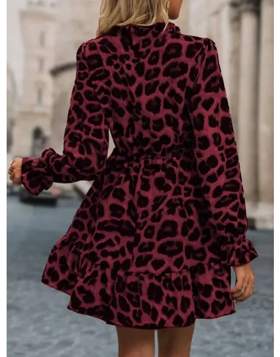 Kadın Uzun Kollu Yakadan Bağcıklı Modal Leopar Desenli Mini Elbise