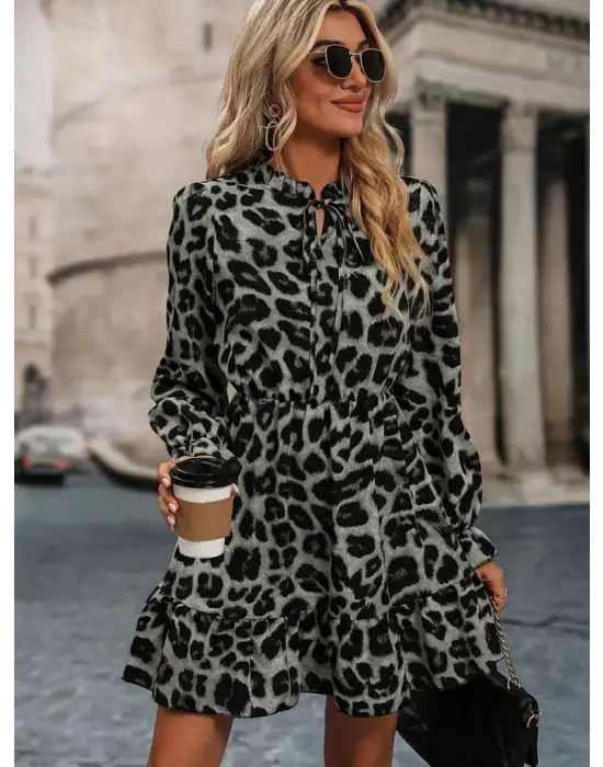 Kadın Uzun Kollu Yakadan Bağlamalı Beli Lastikli şardonlu Dalgıç Elbise