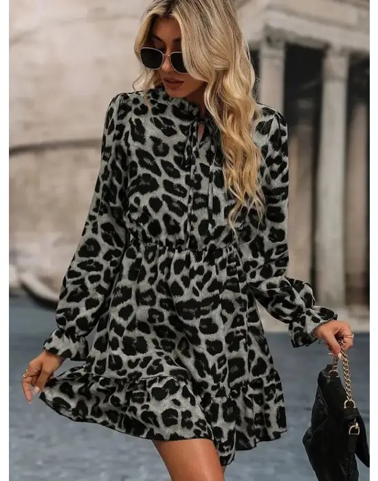 Kadın Uzun Kollu Yakadan Bağlamalı Beli Lastikli şardonlu Dalgıç Elbise