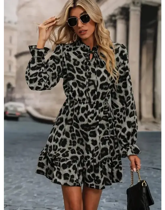 Kadın Uzun Kollu Yakadan Bağlamalı Beli Lastikli şardonlu Dalgıç Elbise