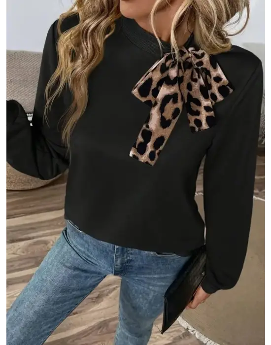 Kadın Uzun Kollu Yakadan Bağlamalı Viskon Iki Iplik Bluz