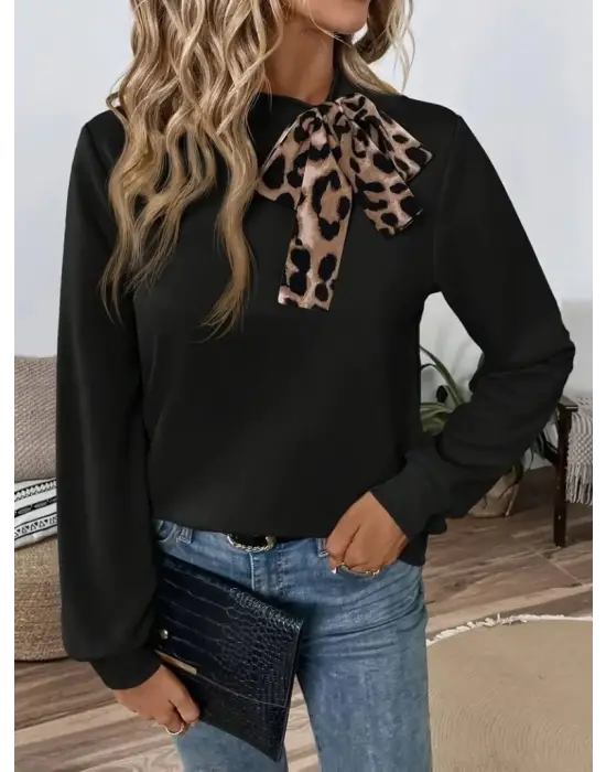 Kadın Uzun Kollu Yakadan Bağlamalı Viskon Iki Iplik Bluz