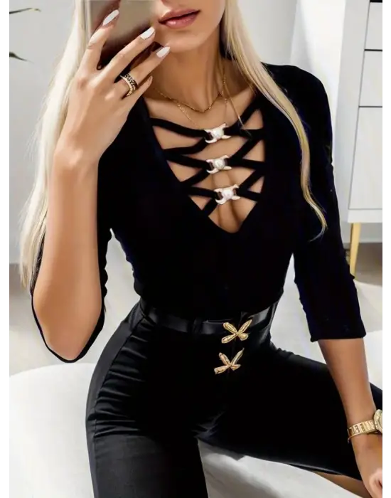 Kadın Uzun Kollu Yakadan çapraz Detaylı Kaşkorse Bluz