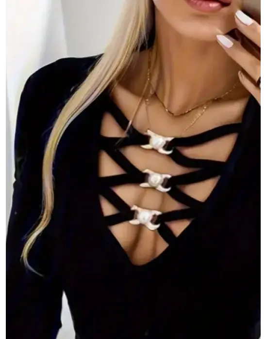 Kadın Uzun Kollu Yakadan çapraz Detaylı Kaşkorse Bluz