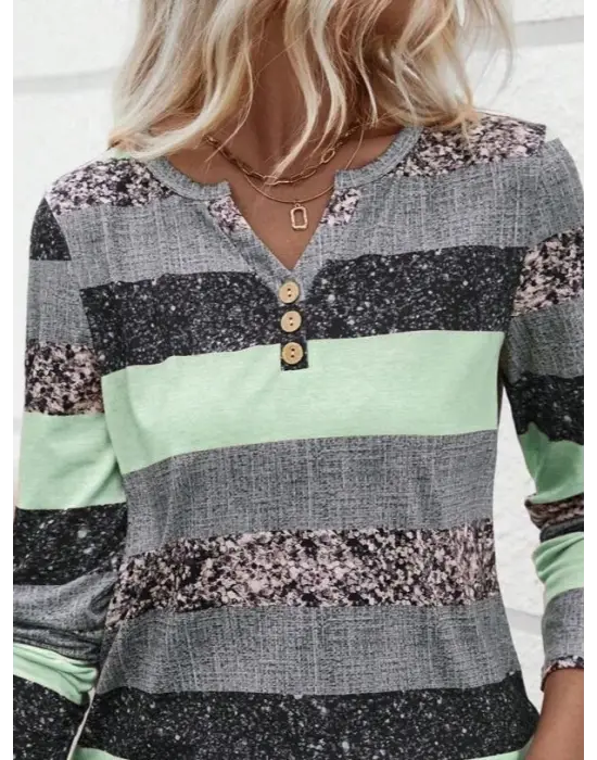 Kadın Uzun Kollu Yakadan Düğmeli çizgili Desenli Süprem Bluz