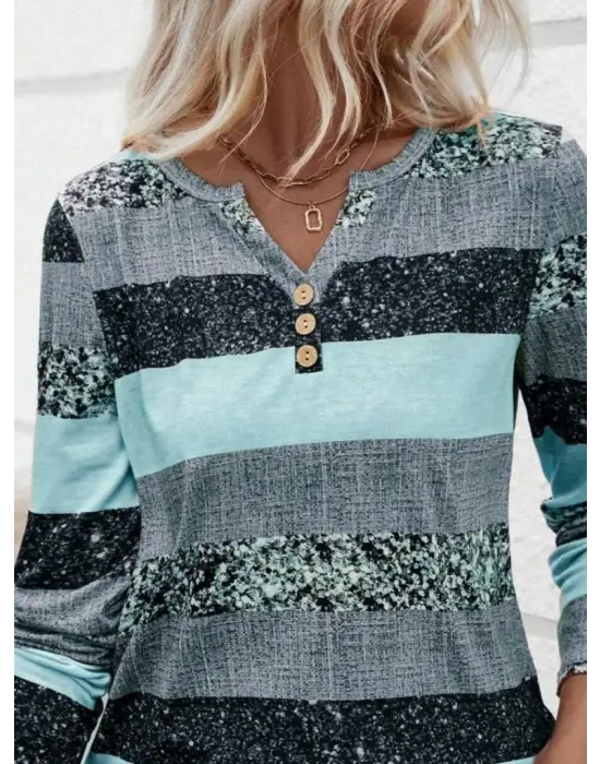 Kadın Uzun Kollu Yakadan Düğmeli çizgili Desenli Süprem Bluz