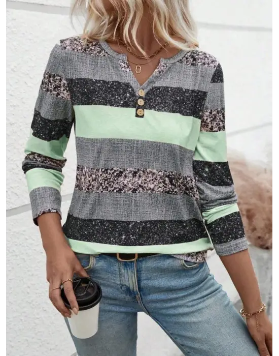 Kadın Uzun Kollu Yakadan Düğmeli çizgili Desenli Süprem Bluz