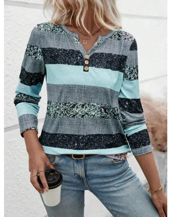 Kadın Uzun Kollu Yakadan Düğmeli çizgili Desenli Süprem Bluz