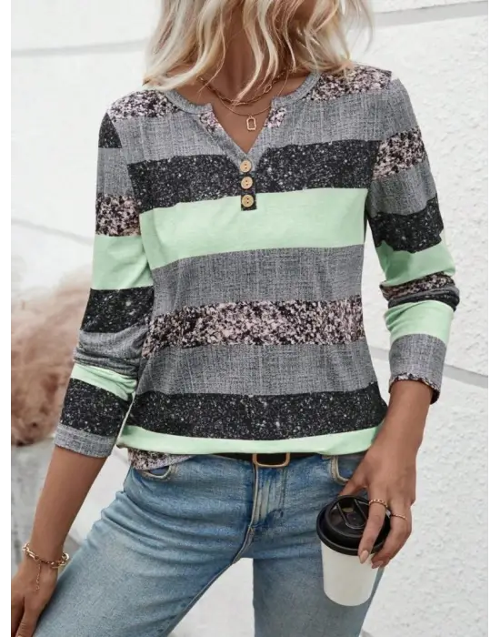 Kadın Uzun Kollu Yakadan Düğmeli çizgili Desenli Süprem Bluz