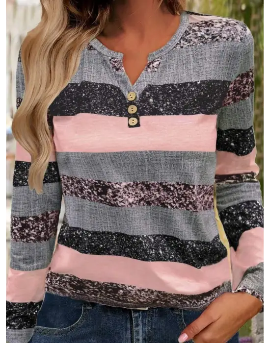 Kadın Uzun Kollu Yakadan Düğmeli çizgili Desenli Süprem Bluz