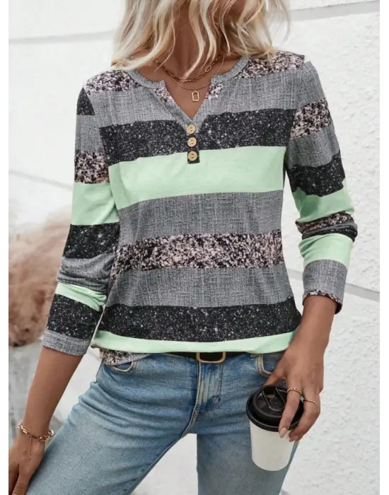 Kadın Uzun Kollu Yakadan Düğmeli çizgili Desenli Süprem Bluz