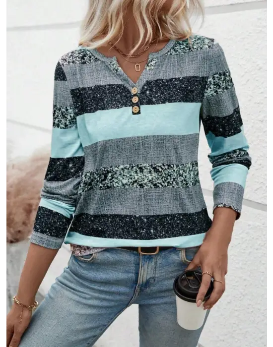 Kadın Uzun Kollu Yakadan Düğmeli çizgili Desenli Süprem Bluz