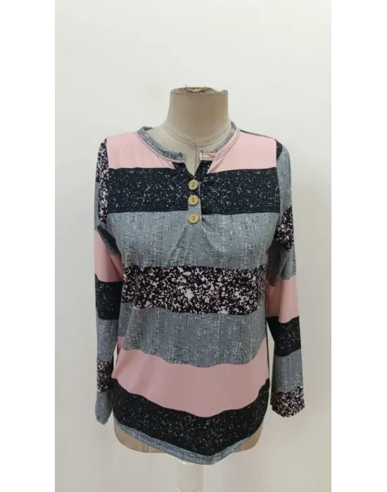 Kadın Uzun Kollu Yakadan Düğmeli çizgili Desenli Süprem Bluz