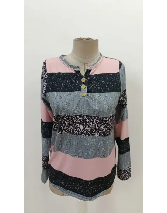 Kadın Uzun Kollu Yakadan Düğmeli çizgili Desenli Süprem Bluz