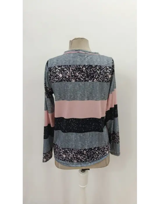 Kadın Uzun Kollu Yakadan Düğmeli çizgili Desenli Süprem Bluz