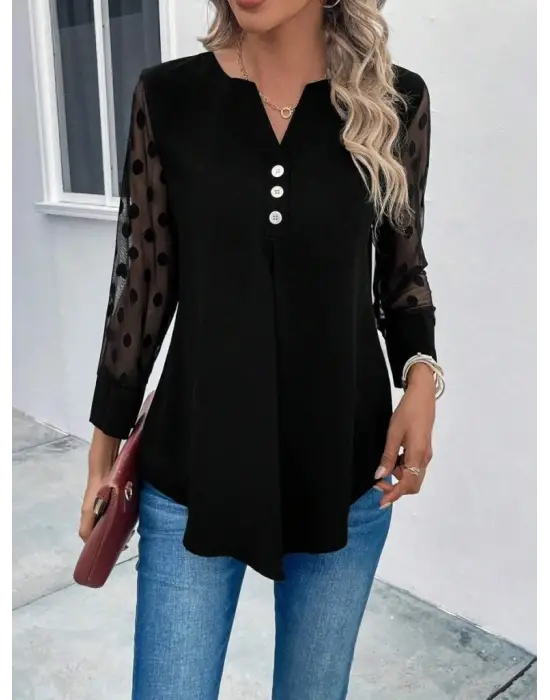 Kadın Uzun Kollu Yakadan Düğmeli Kolları Tül Detaylı Viskon Bluz