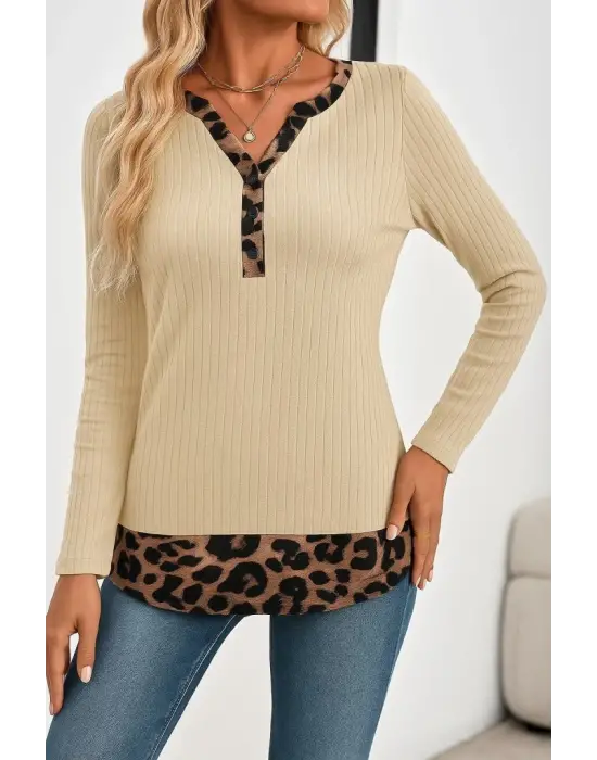 Kadın Uzun Kollu Yakadan Düğmeli Leopar Detaylı Kaşkorse Bluz