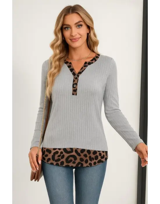 Kadın Uzun Kollu Yakadan Düğmeli Leopar Detaylı Kaşkorse Bluz