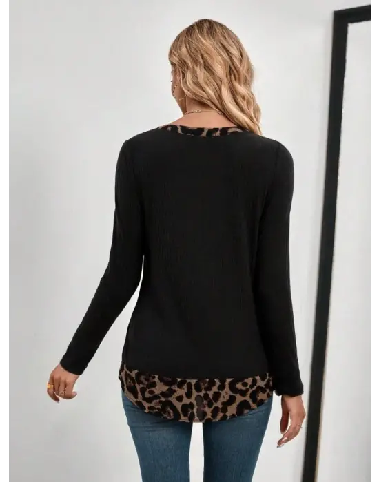 Kadın Uzun Kollu Yakadan Düğmeli Leopar Detaylı Kaşkorse Bluz