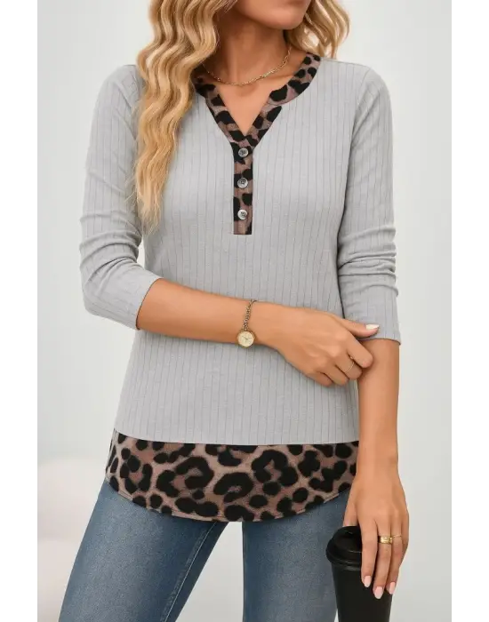 Kadın Uzun Kollu Yakadan Düğmeli Leopar Detaylı Kaşkorse Bluz
