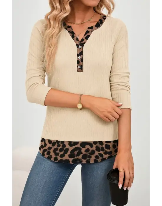 Kadın Uzun Kollu Yakadan Düğmeli Leopar Detaylı Kaşkorse Bluz