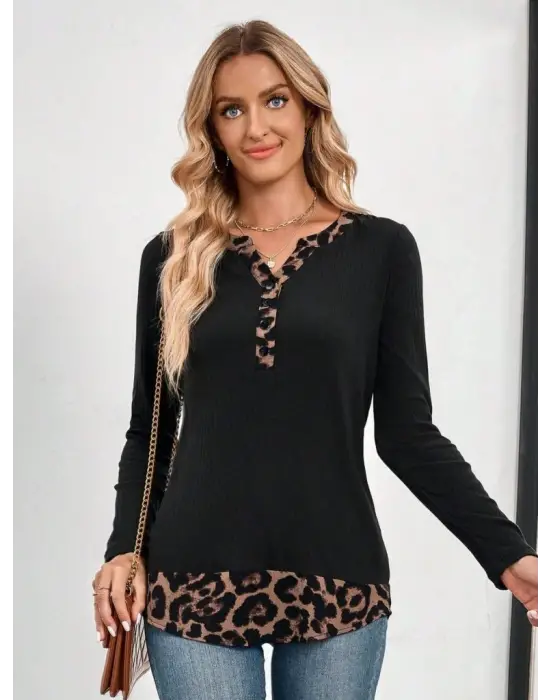 Kadın Uzun Kollu Yakadan Düğmeli Leopar Detaylı Kaşkorse Bluz