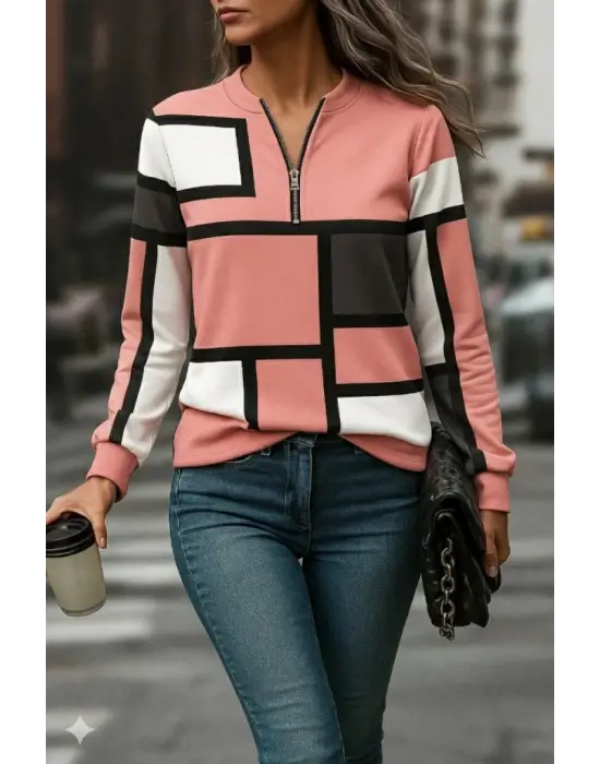 Kadın Uzun Kollu Yakadan Fermuarlı Desenli şardonlu Dalgıç Bluz