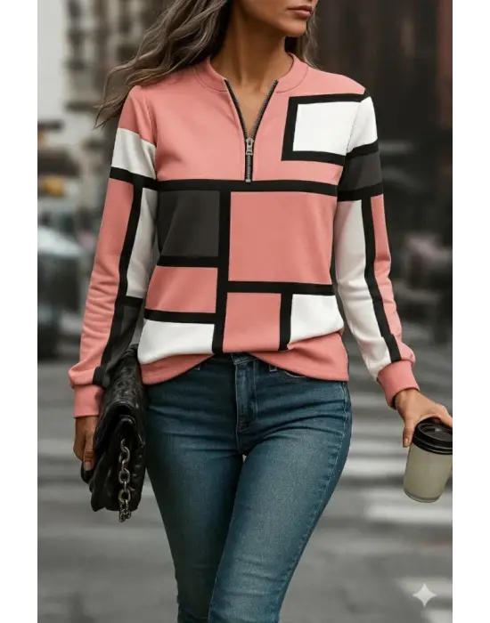 Kadın Uzun Kollu Yakadan Fermuarlı Desenli şardonlu Dalgıç Bluz