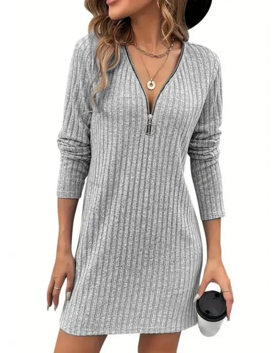 Kadın Uzun Kollu Yakadan Fermuarlı Kısa şardonlu Kaşkorse Elbise