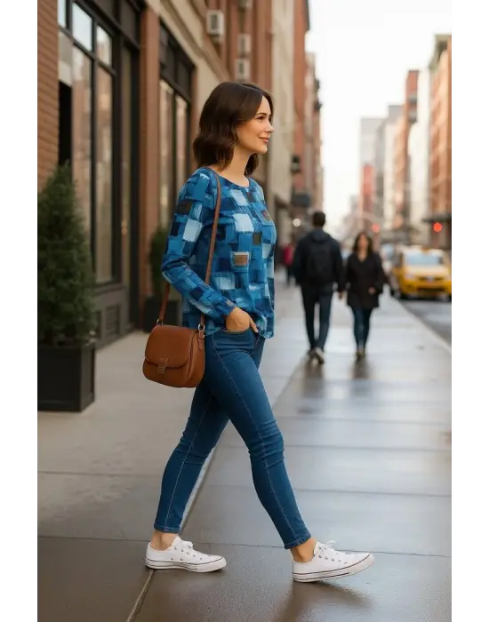 Kadın Uzun Kollu Yakadan Fermuarlı Kot Görünüm Desenli Uzun Modal Bluz