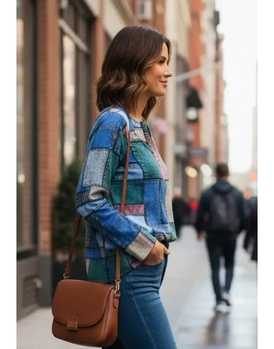 Kadın Uzun Kollu Yakadan Fermuarlı Kot Görünüm Desenli Uzun Modal Bluz