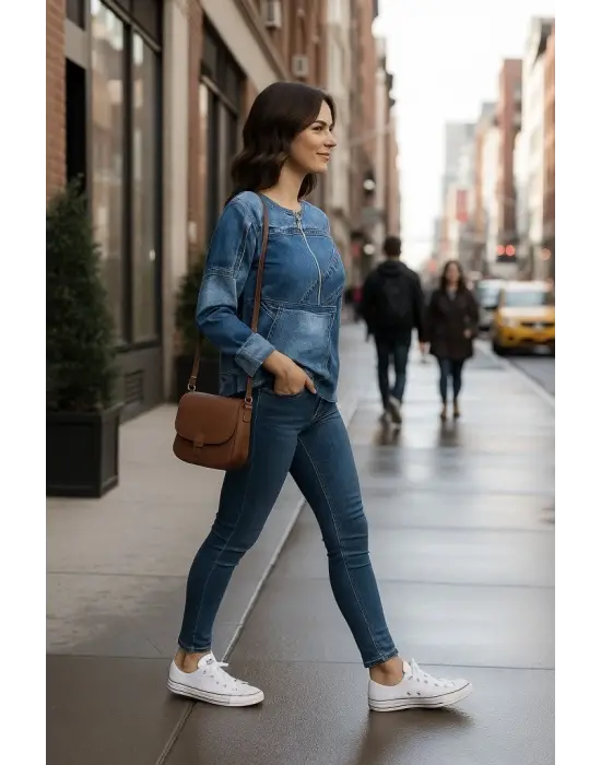 Kadın Uzun Kollu Yakadan Fermuarlı Kot Görünüm Desenli Uzun Modal Bluz