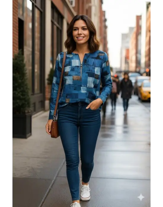 Kadın Uzun Kollu Yakadan Fermuarlı Kot Görünüm Desenli Uzun Modal Bluz