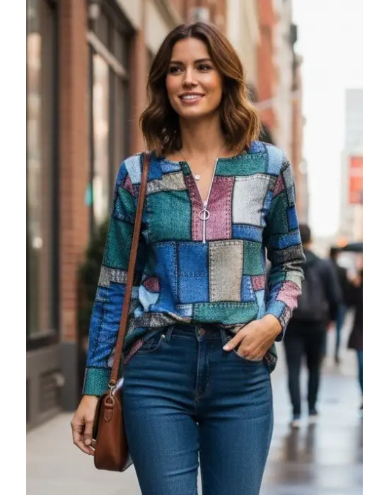 Kadın Uzun Kollu Yakadan Fermuarlı Kot Görünüm Desenli Uzun Modal Bluz