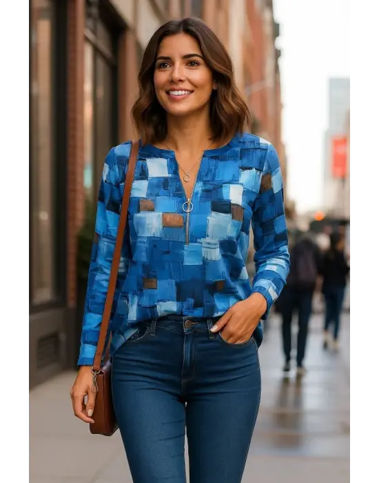 Kadın Uzun Kollu Yakadan Fermuarlı Kot Görünüm Desenli Uzun Modal Bluz