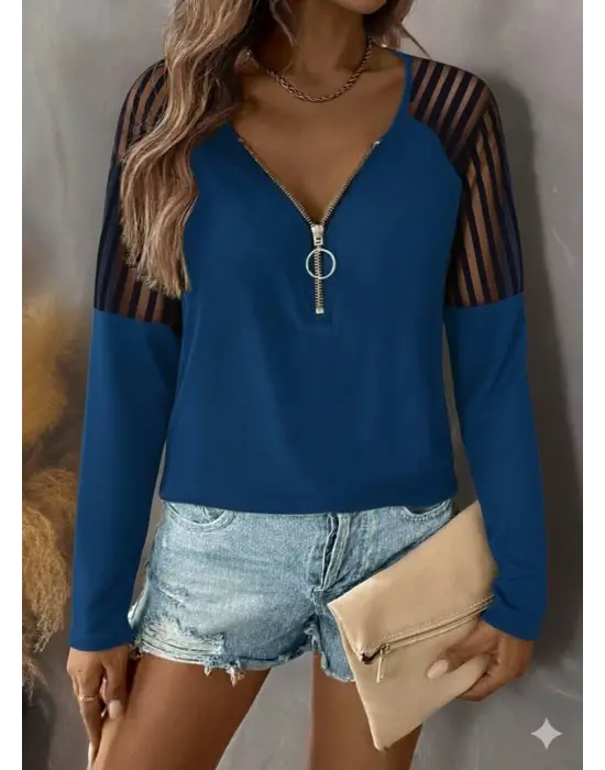 Kadın Uzun Kollu Yakadan Fermuarlı Viskon Bluz