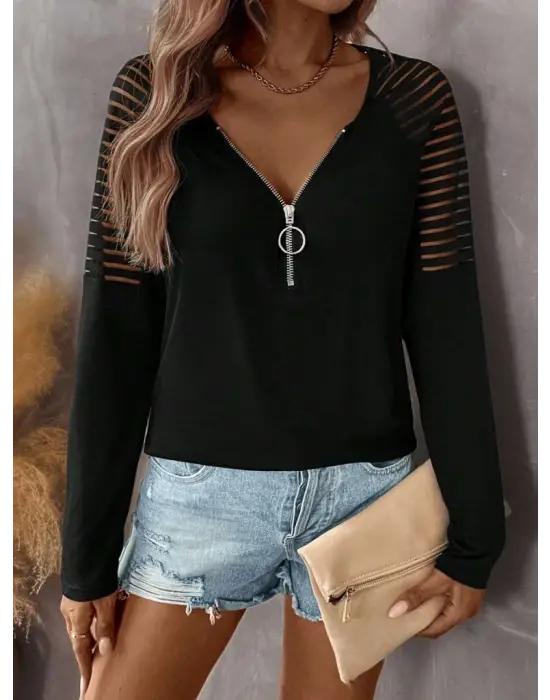 Kadın Uzun Kollu Yakadan Fermuarlı Viskon Bluz