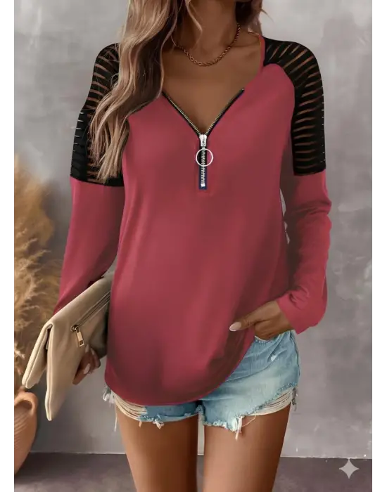 Kadın Uzun Kollu Yakadan Fermuarlı Viskon Bluz