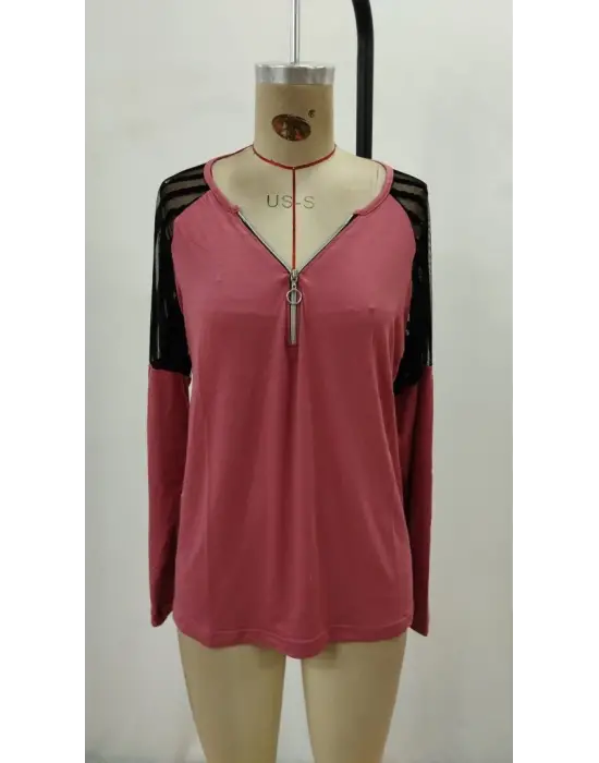 Kadın Uzun Kollu Yakadan Fermuarlı Viskon Bluz