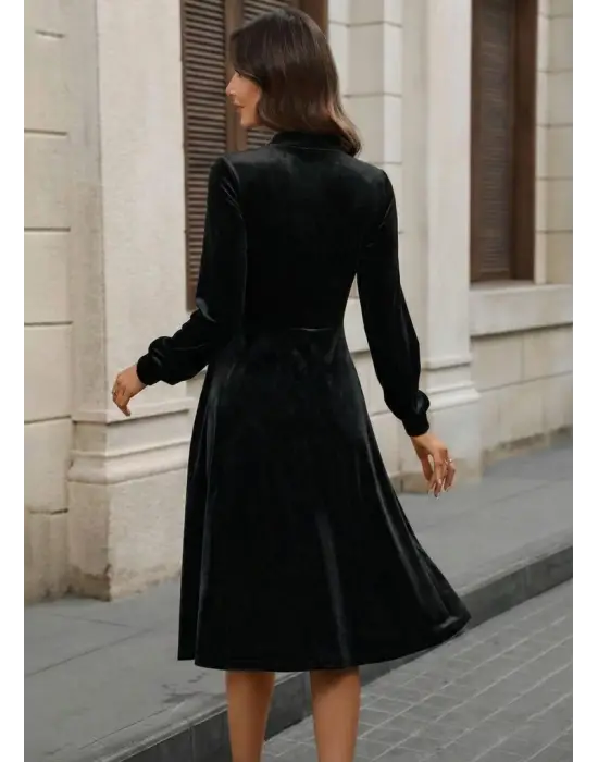 Kadın Uzun Kollu Yakadan Fiyonklu Cepli Midi Kadife Elbise