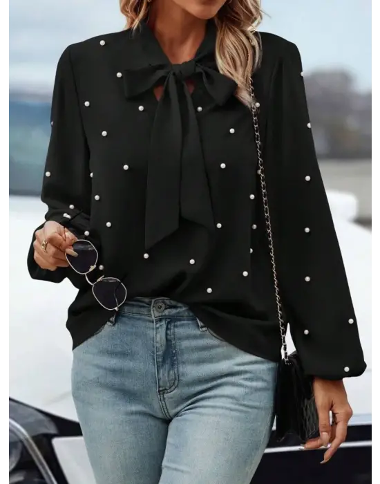 Kadın Uzun Kollu Yakadan Fiyonklu Incili Ithal Krep Bluz