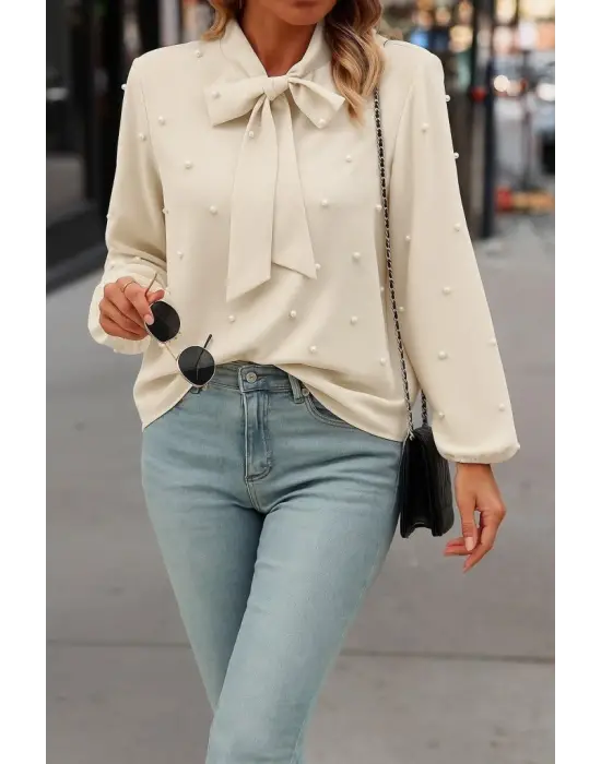 Kadın Uzun Kollu Yakadan Fiyonklu Incili Ithal Krep Bluz