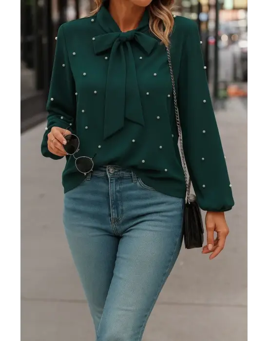 Kadın Uzun Kollu Yakadan Fiyonklu Incili Ithal Krep Bluz