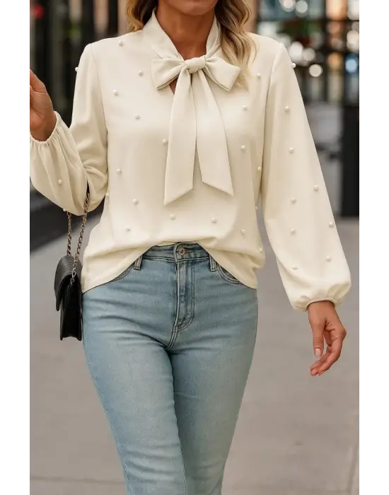 Kadın Uzun Kollu Yakadan Fiyonklu Incili Ithal Krep Bluz